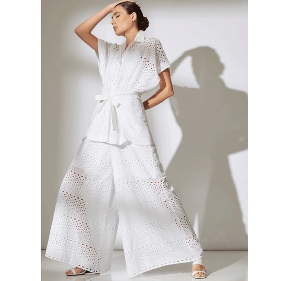 Natori Pants - NATORI Round Eyelet Wide Leg Pants White SZ XL